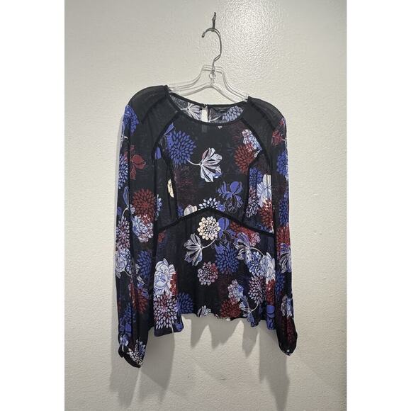 GUESS Size Medium MARINDA Floral Print Long Sleeve Blouse Sheer Boho Flare READ - Picture 2 of 12